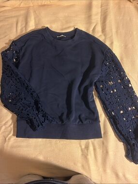 Navy Lace-Sleeve Crewneck Sweater